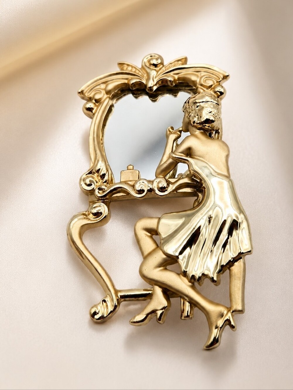 Vintage AJC Gold Tone Lady at Vanity Brooch – Figural Boudoir Pin - Picture 1 of 6